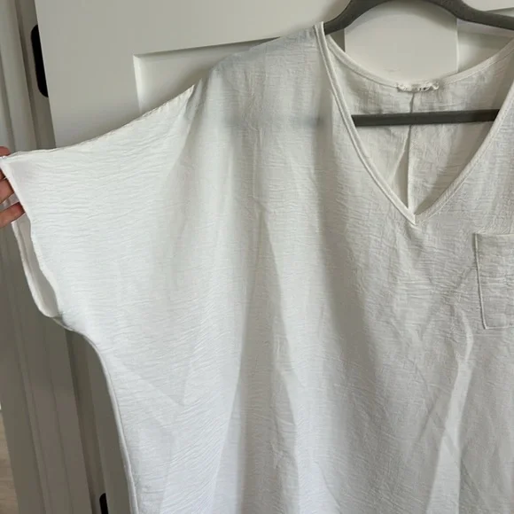 Jodifl Women's M Flutter Sleeve Pocket Tee Shirt White Crepe Texture Oversized - Picture 2 of 11